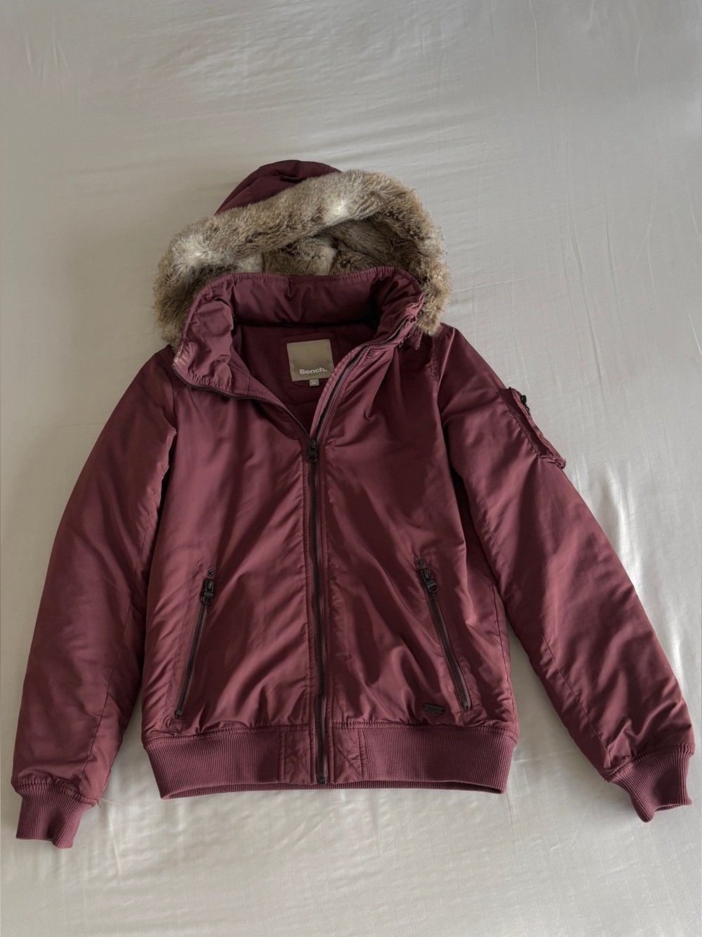 Bench Women’s' Maroon Hooded Parka Jacket with Faux Fur Trim